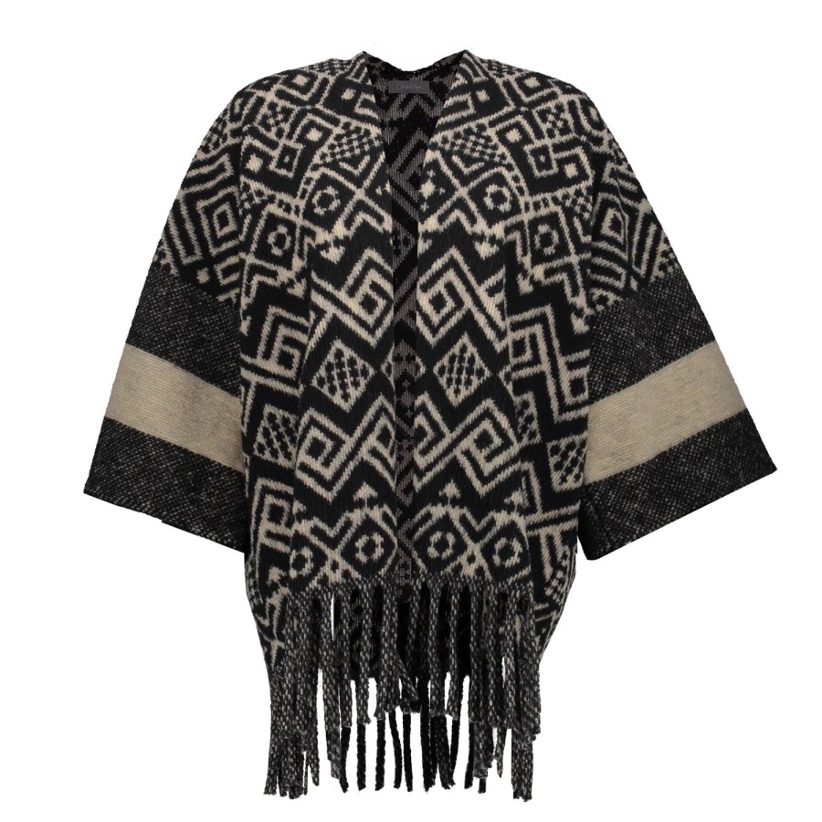 Vrouwen Geisha Fashion | Geisha Dames Poncho Met Print 34603-20 Zwart