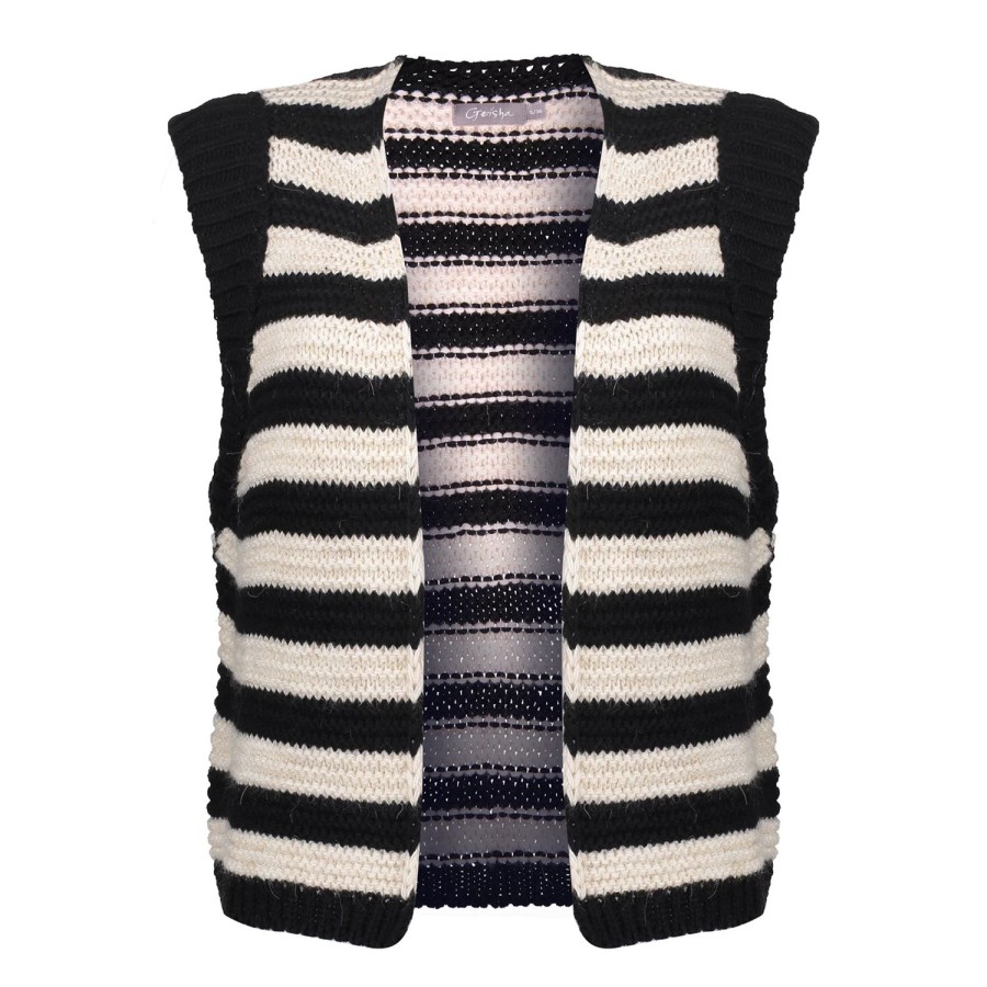 Vrouwen Geisha Fashion | Geisha Dames Gebreid Gilet Met Strepen 34847-70 Black/White