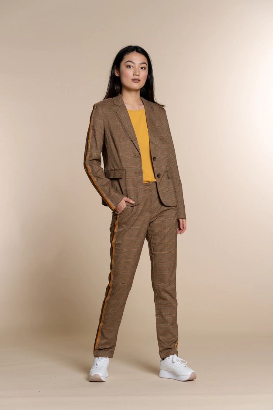 Vrouwen Geisha Fashion | Geisha Pantalon Check En Lurex Bies 91532-10 Camel