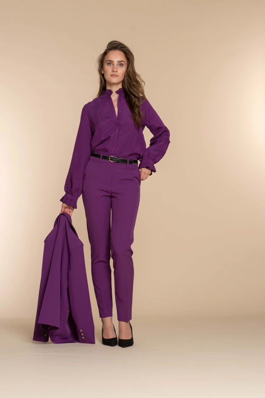 Vrouwen Geisha Fashion | Geisha Dames Gestreepte Blouse 33629-20 Paars